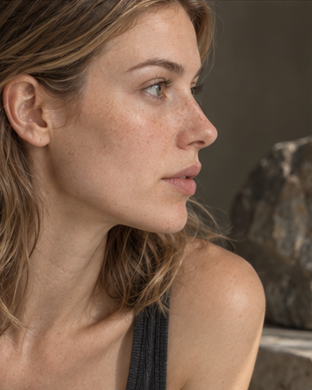 Editorial brand study: a woman's side profile in soft, mineral-toned light.
